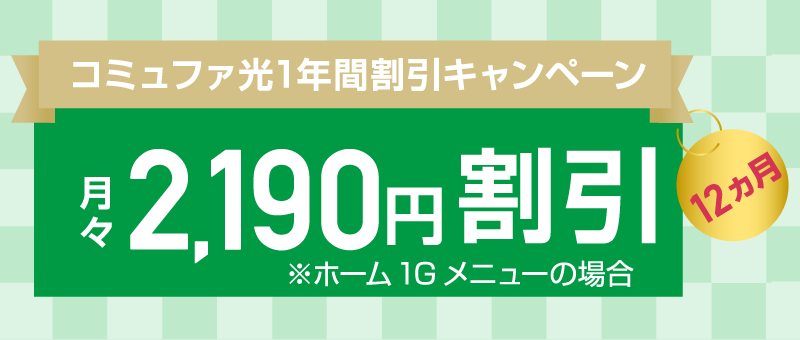 コミュファ光1年間割引キャンペーン：最大2,190円/月～割引　12カ月