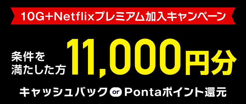 10G+Netflixプレミアム加入キャンペーン：条件を満たした方 11,000円分　キャッシュバック or Pontaポイント還元